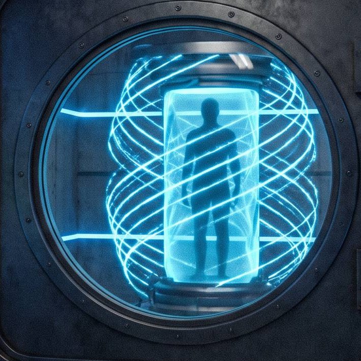 Silhouet van een mens in een capsule vol blauw licht, omringd door lichtspiralen, gezien door een ronde patrijspoort