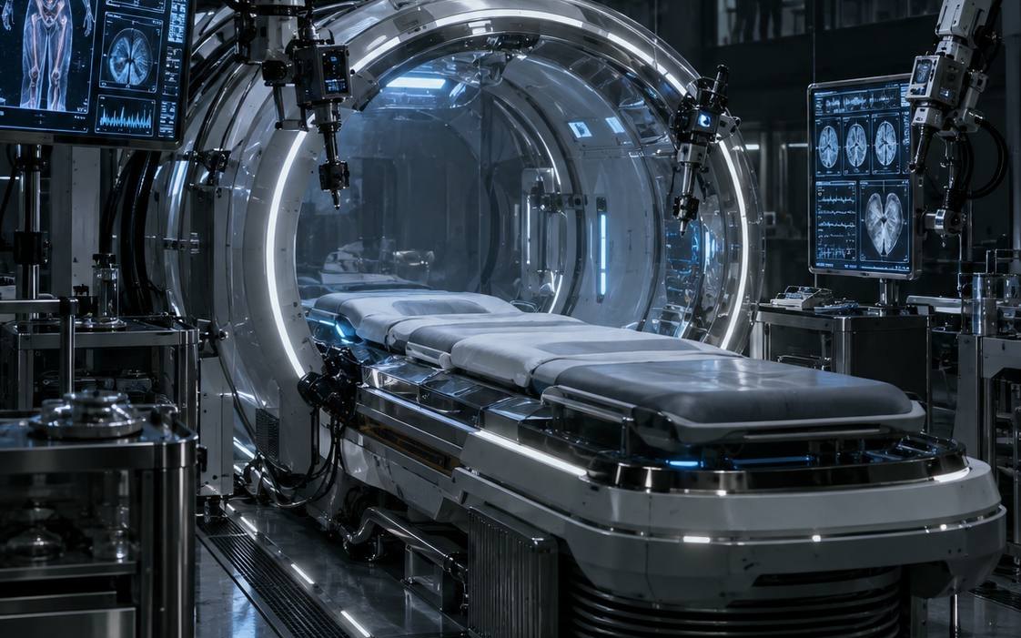 Futuristisch behandelbed dat een glazen ring in schuift, in een lab met robotarmen en schermen met lichaamsscans