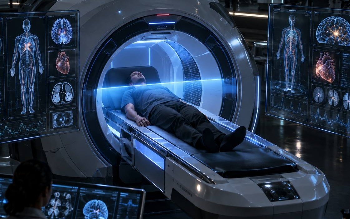 Man ligt op een scantafel in een ronde, blauw verlichte scanner, met schermen vol beelden van hart en hersenen