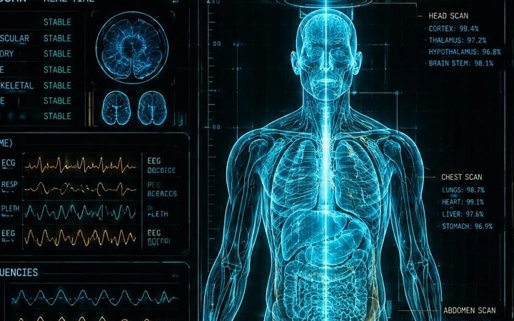 Hologram van een menselijk lichaam in cyaan licht, met scanpanelen en meetwaarden aan weerszijden