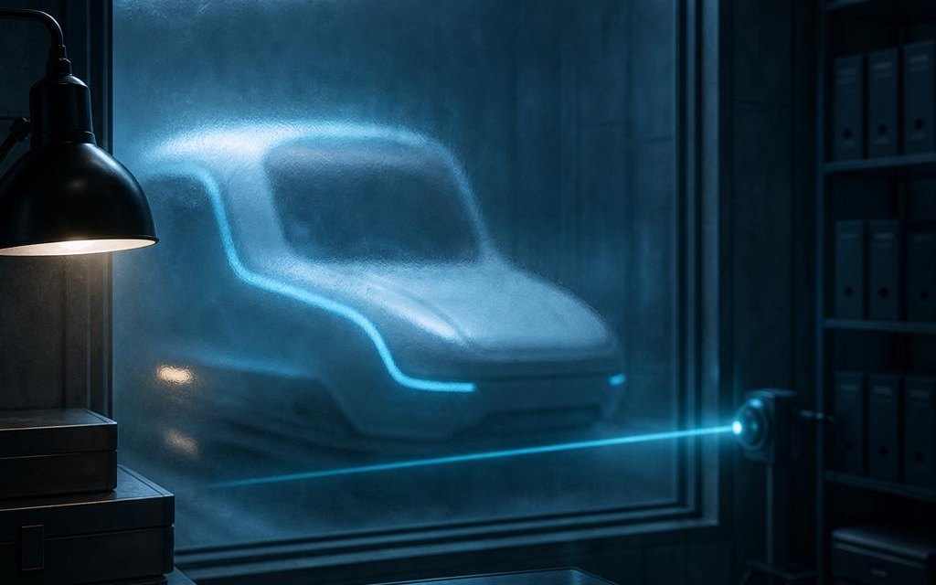 Behandelcapsule met een blauwe lichtlijn, wazig zichtbaar achter een matglazen wand