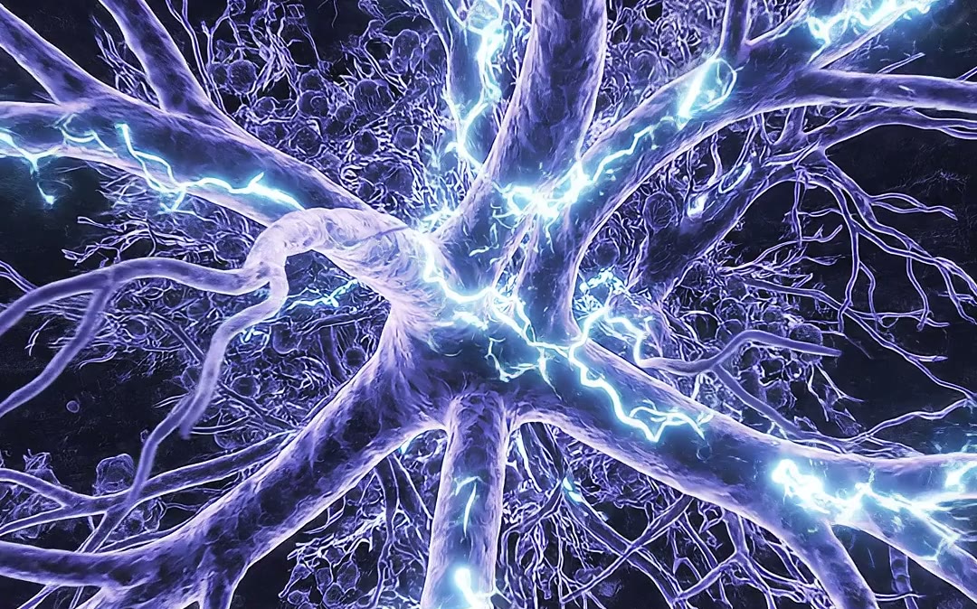 Netwerk van vertakkingen waar blauwe lichtflitsen doorheen lopen, als elektriciteit door zenuwbanen
