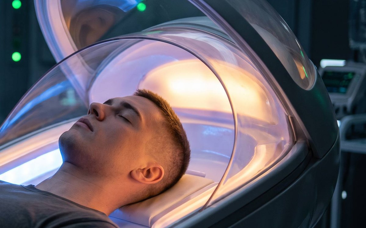 Jonge man rust met gesloten ogen in een open capsule met zacht oranje en blauw licht